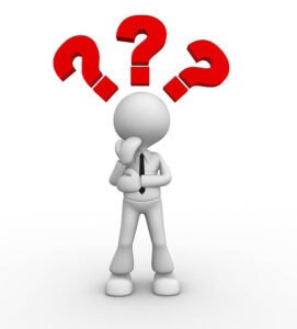 3d people - man, people thinking with red question marks above his head over